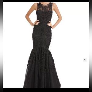 NWT JS Collections Black Chiffon Soutache Mermaid Gown W/ Sheer Top V back Sz 12